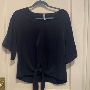 Silky navy blouse with tie waist